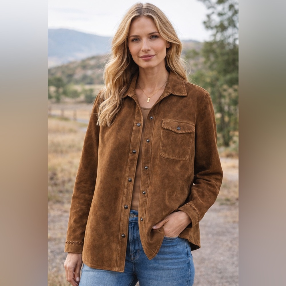Orvis Genuine Leather Suede Button Front Shirt Jacket Western Size 10